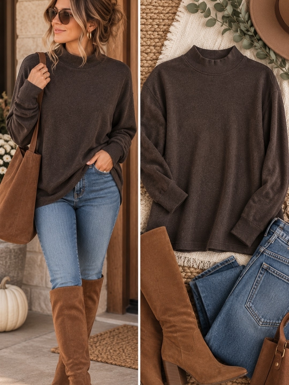 Croft & Barrow 100% Cotton Soft Brushed Mock Neck Top XL Cocoa Brown Cozy Fall